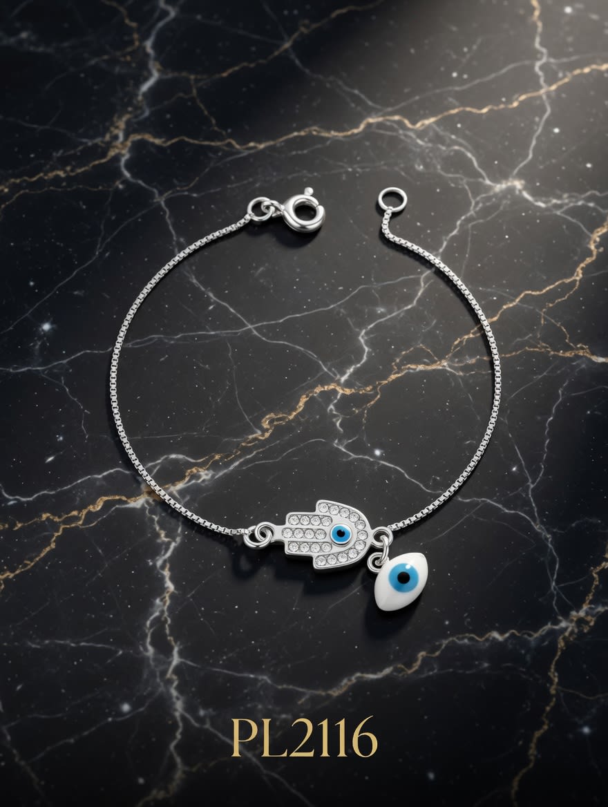 PULSERA CON OJO TURCO Y MANO PLATEADA IMP. - miniatura 2