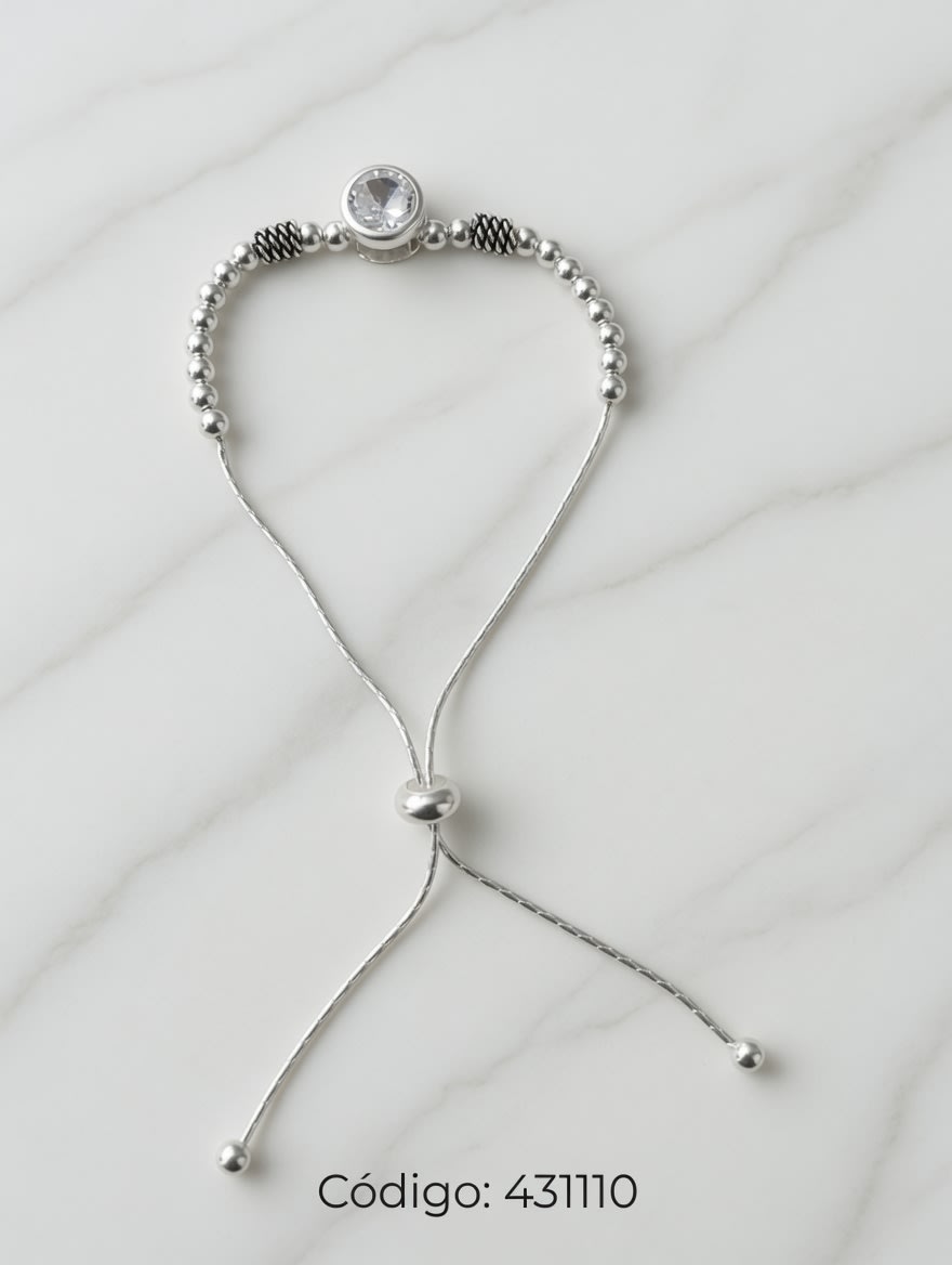 PULSERA AJUSTABLE CON BOLAS Y ZIRCON PLATEADO IMPORTANTE - imagen 1