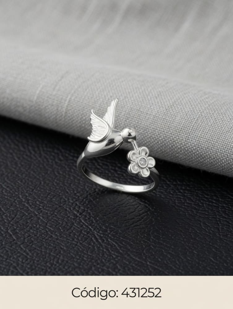 ANILLO ZIRCON COLIBRI Y FLOR PLT. IMPORTANTE