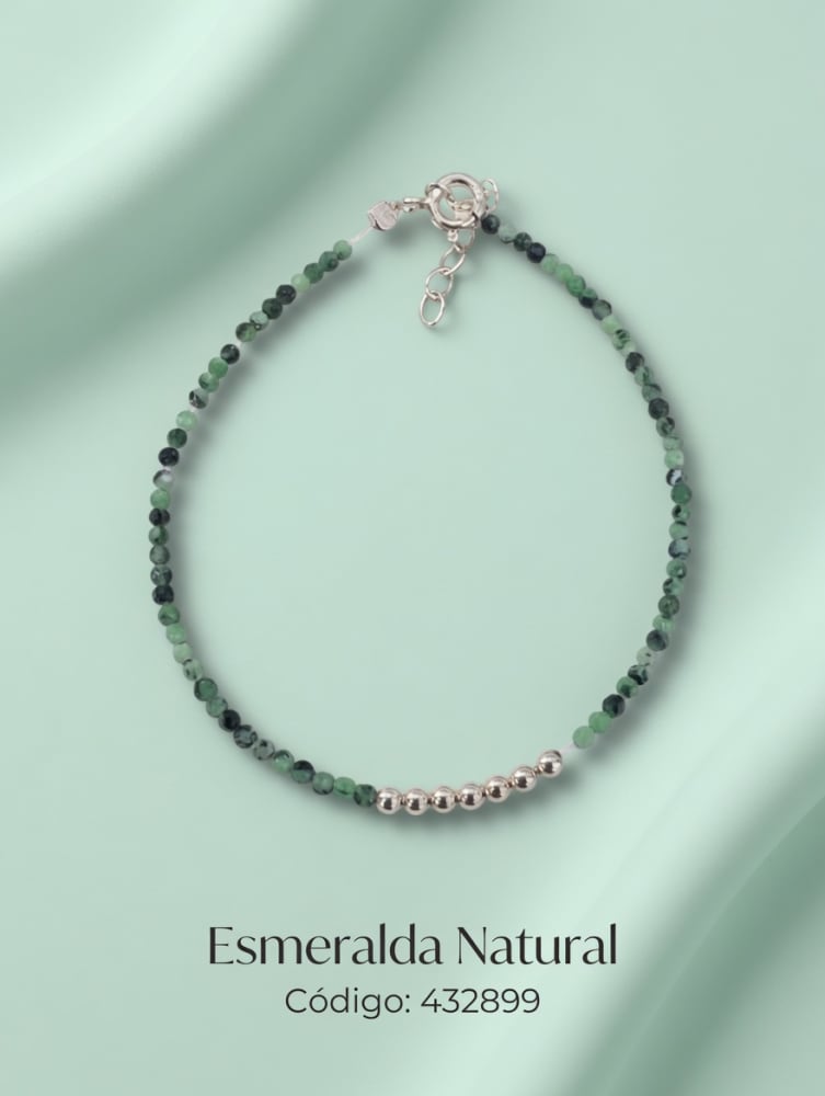 PULSERA CON ESMERALDA NATURAL Y BOLAS PLT. IMPORTANTE