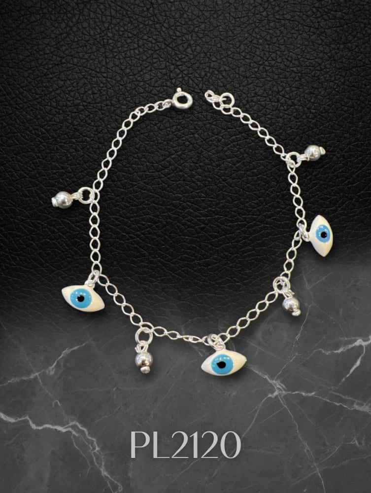 PULSERA CON 3 OJOS TURCOS Y BOLAS PLATEADA IMP.