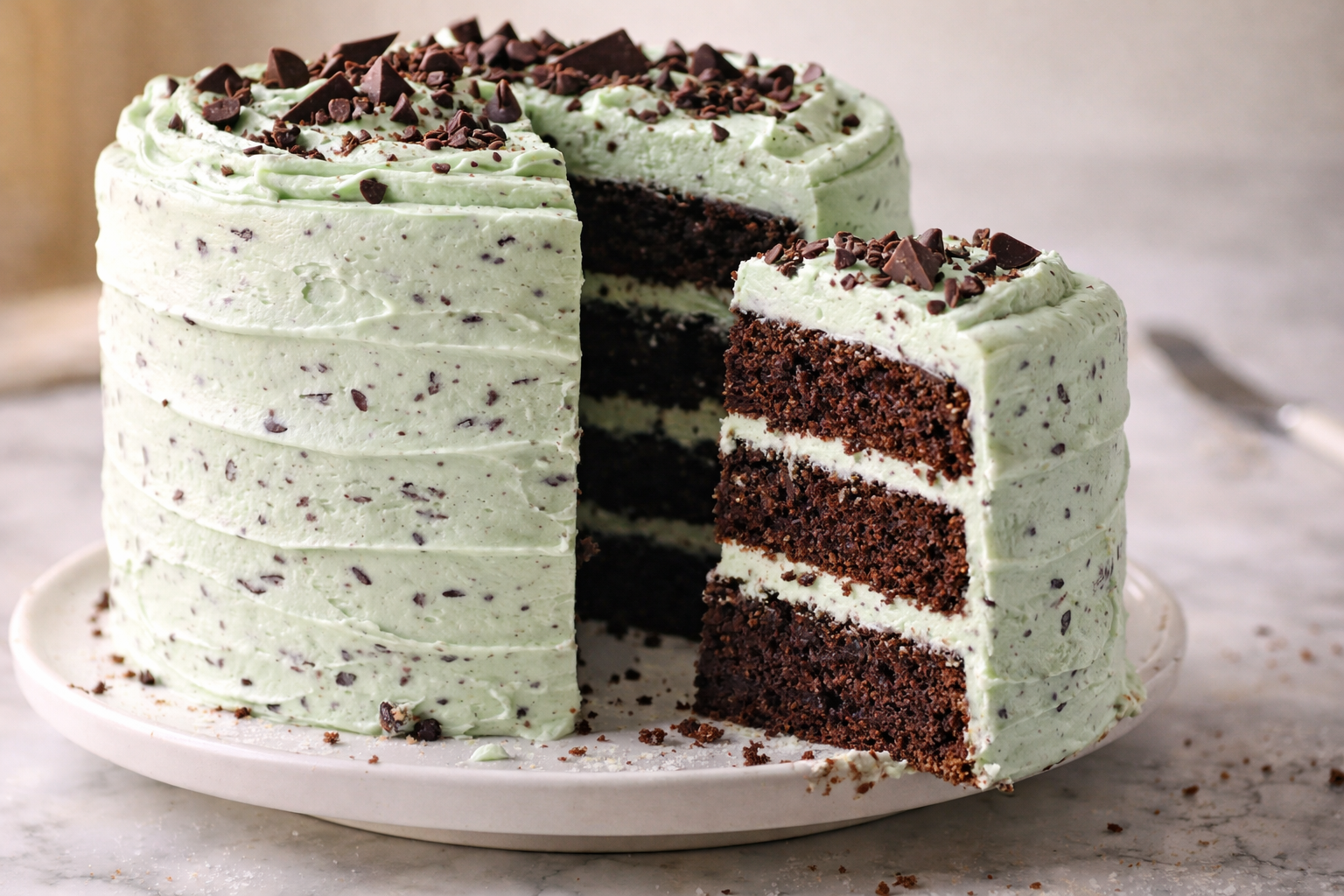 Mint Chocolate Chip Cake recipe card image