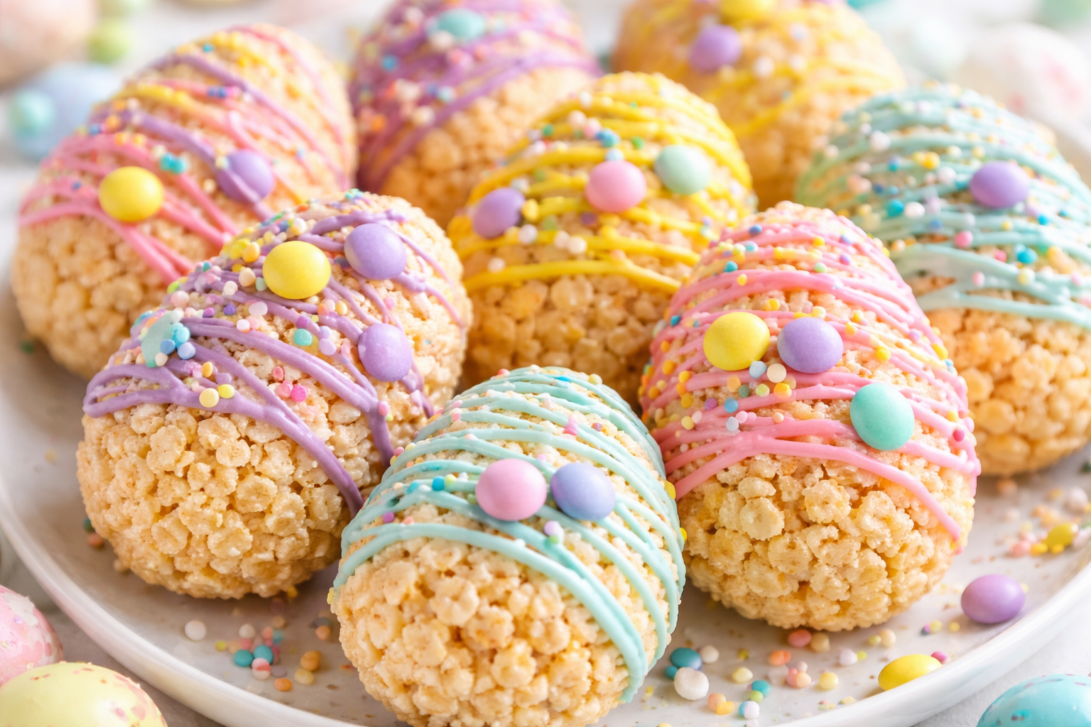 Cute and Colorful Easter Egg Rice Krispies Treats recipe card image