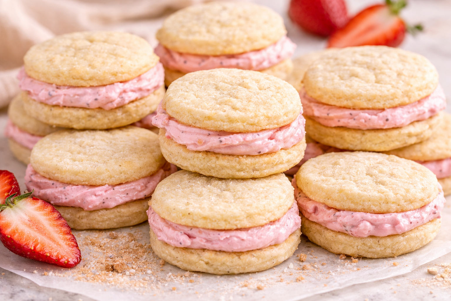 Vanilla Bean Sandwich Cookies with Strawberry Buttercream recipe card image