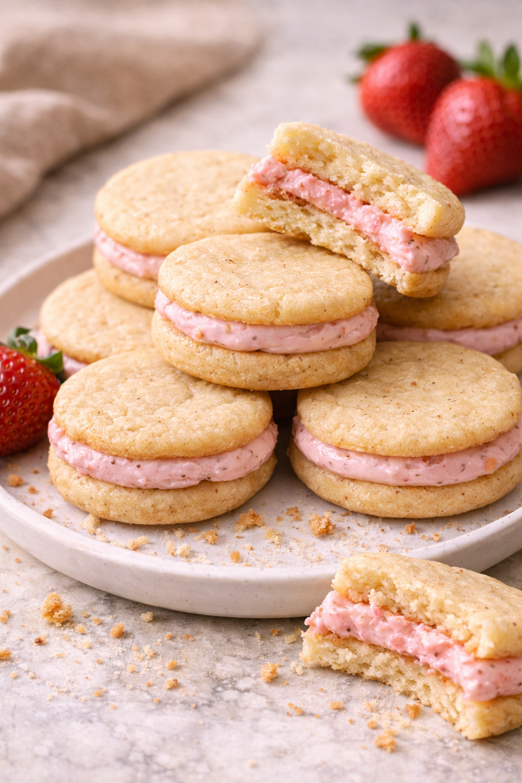 Vanilla Bean Sandwich Cookies with Strawberry Buttercream serving image