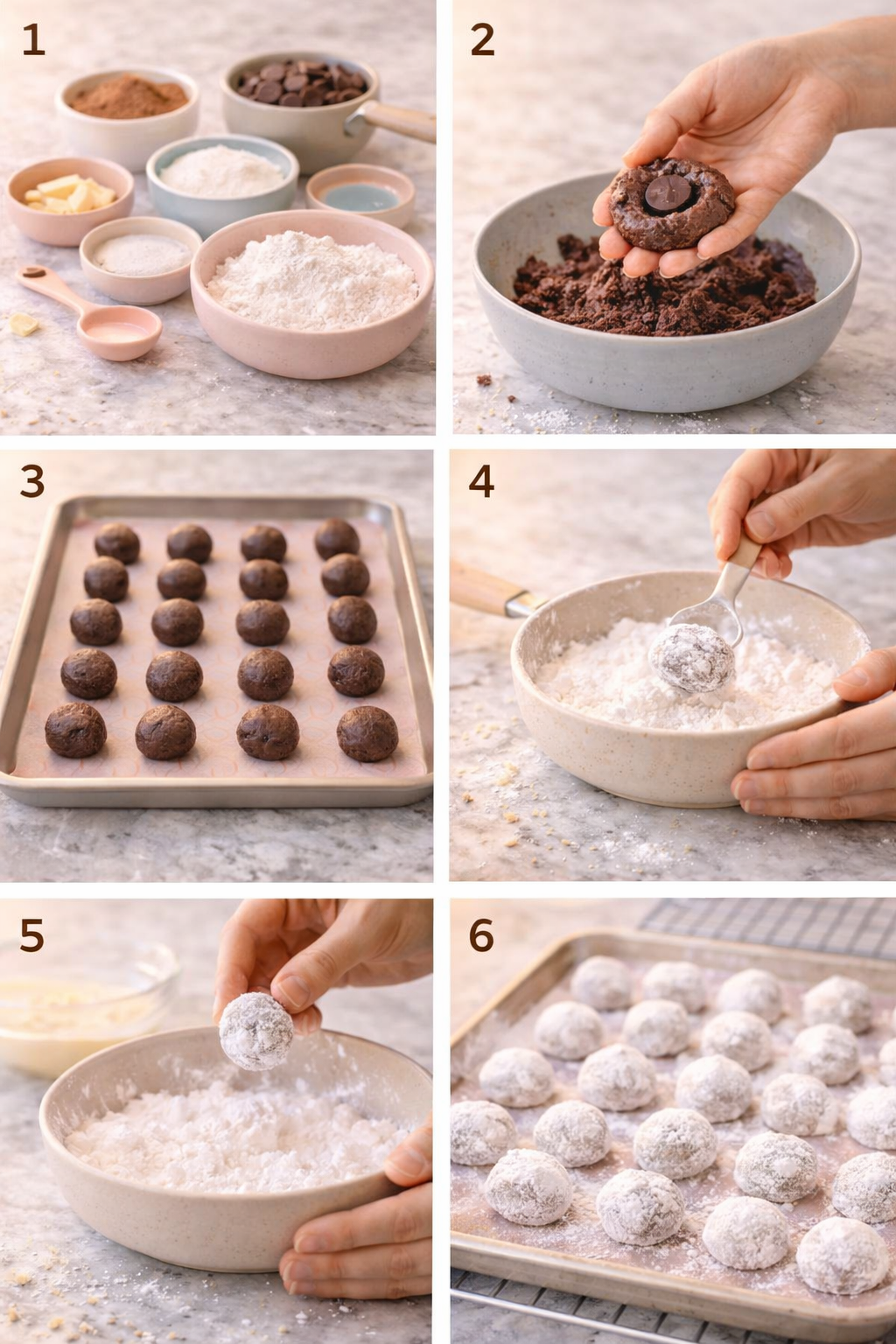 Chocolate Snowball Cookies with Melted Chocolate Centers process image