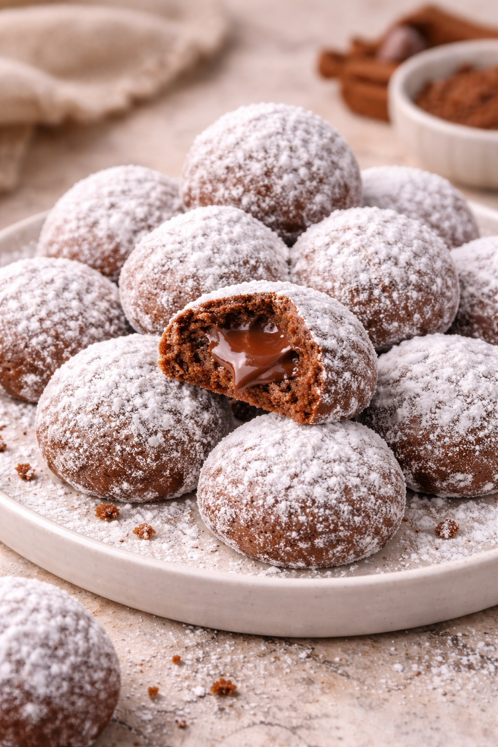 Chocolate Snowball Cookies with Melted Chocolate Centers serving image