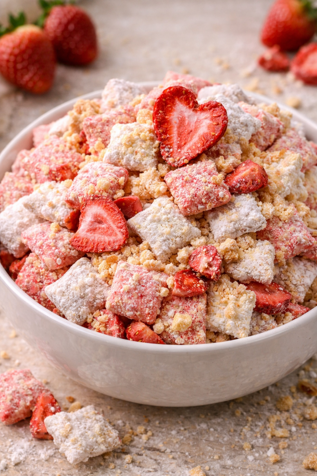 Easy Strawberry Shortcake Puppy Chow – Life With Lacy serving image