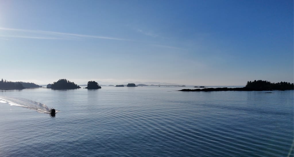 Aerial Ucluelet boat cruising