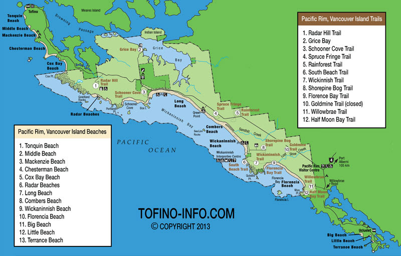Pacific Rim overview map: 13 beaches and 12 trails from Tofino to Ucluelet