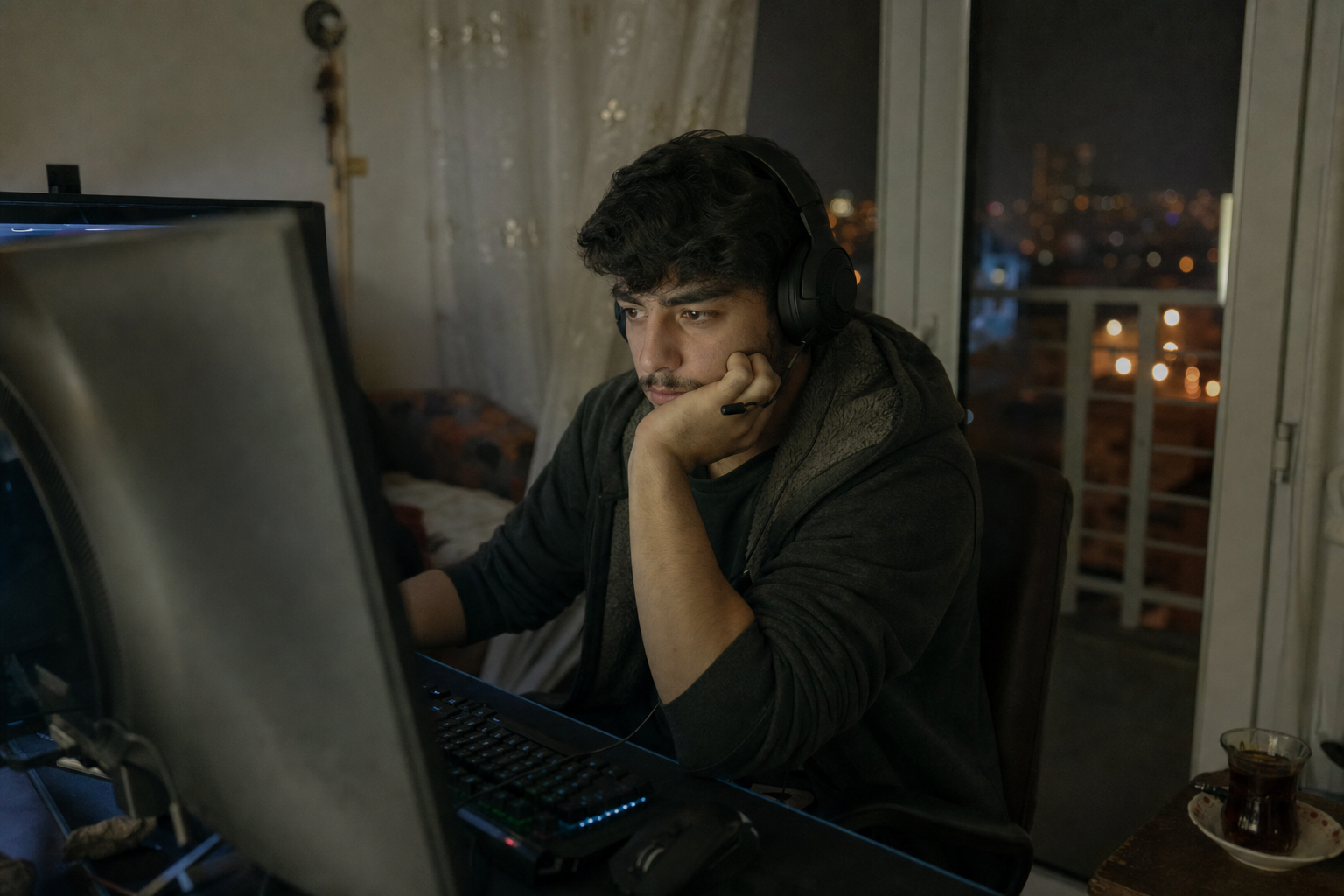 Gece bilgisayar başında solo queue bekleyen yalnız CS2 oyuncusu