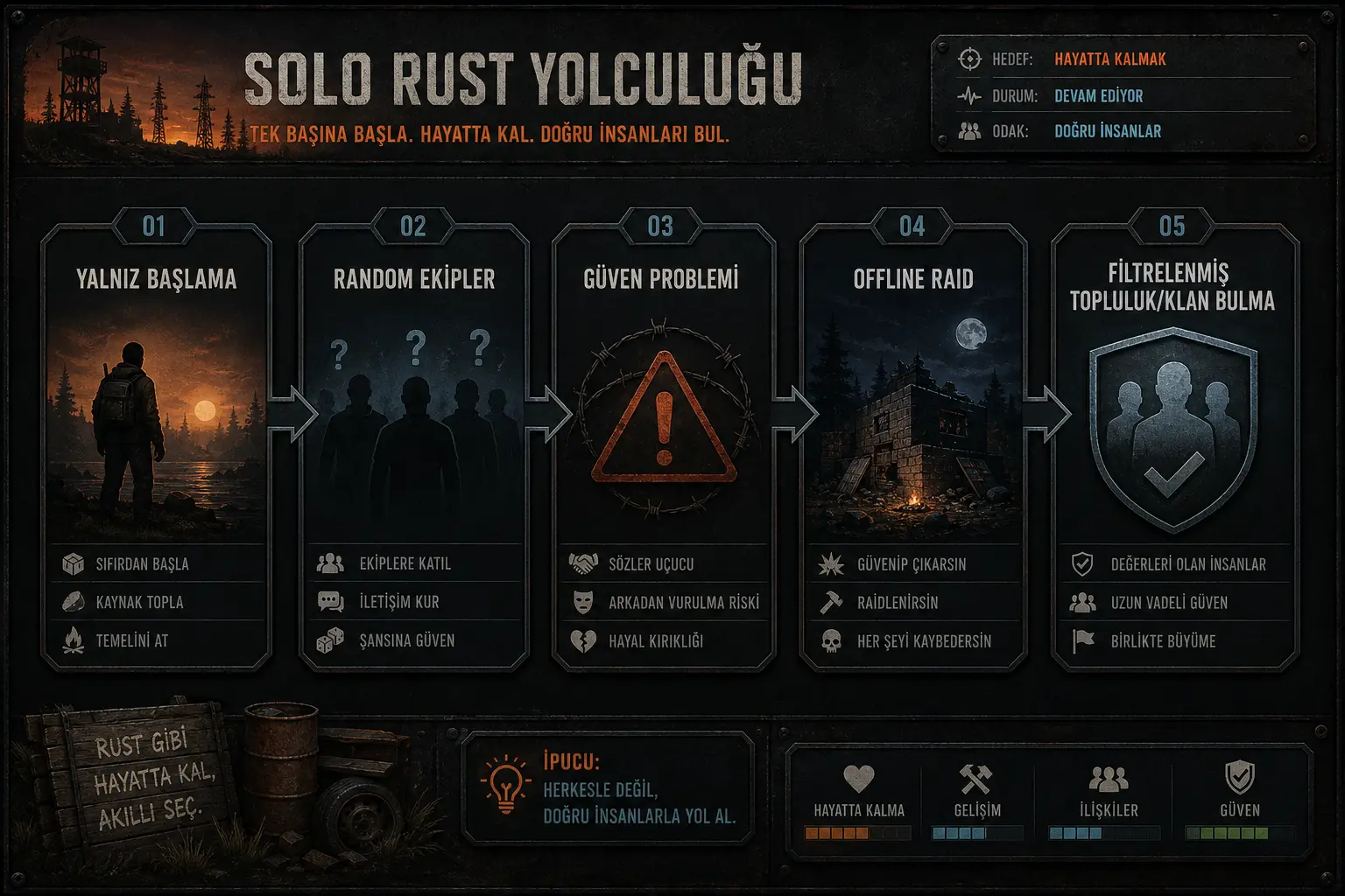 Rust oyuncularının ekip bulma problemini ve filtrelenmiş topluluk ihtiyacını anlatan minimalist infographic