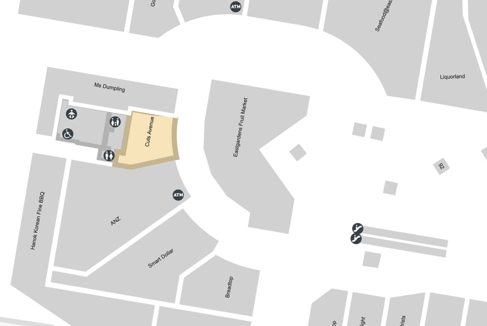 Westfield Eastgardens centre map with the Cuts Avenue salon marked on Level 1, directly opposite the Eastgardens Fruit Market and beside the ANZ branch