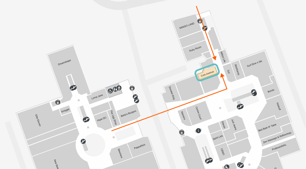 Westfield Chatswood centre directory map with the Cuts Avenue salon highlighted, and the walking route to it marked in orange