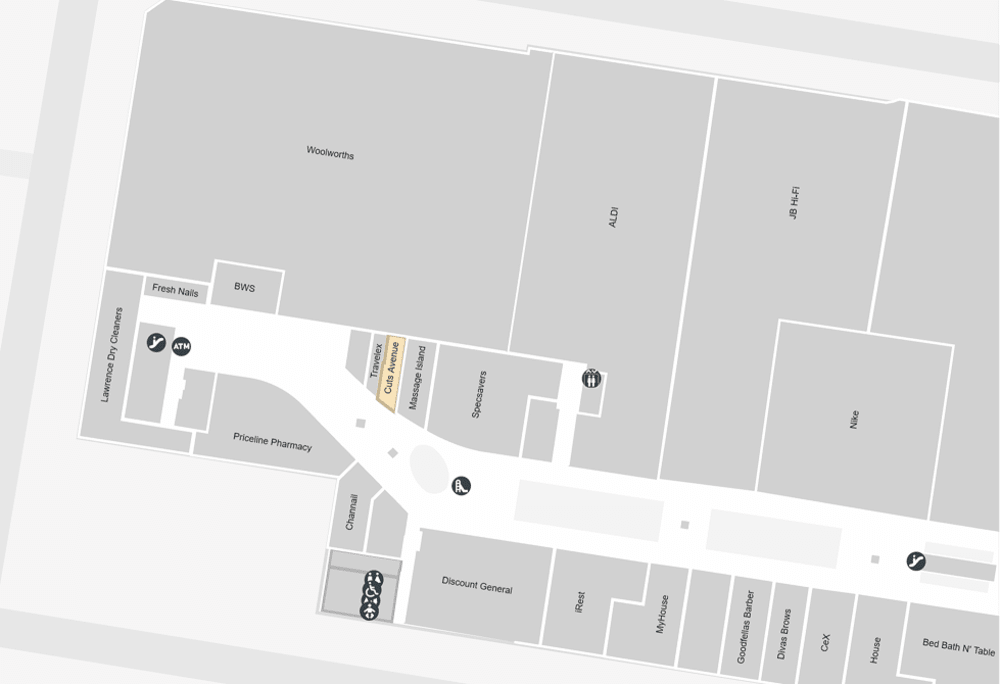 Westfield Burwood centre map with the Cuts Avenue salon marked on Level 3 between Travelex and Massage Island, with Woolworths, Aldi and JB Hi-Fi nearby