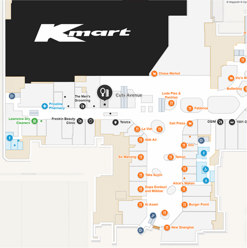 Chatswood Chase centre map with the Cuts Avenue salon marked on Lower Ground, directly opposite Kmart and a few steps from the Chase Market dining precinct