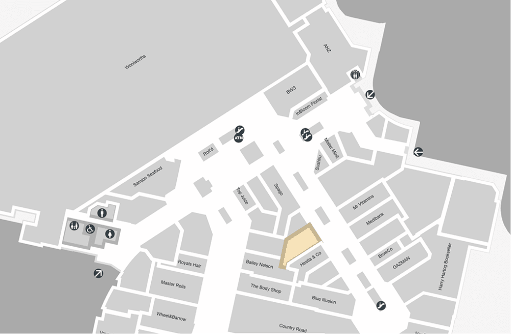 Warringah Mall centre map with the Cuts Avenue salon highlighted on the Ground Floor, between Bailey Nelson and Hestia & Co, with Woolworths and the ANZ branch further up the centre
