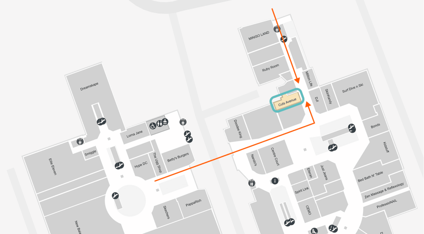 Westfield Chatswood centre directory map with the Cuts Avenue salon highlighted, and the walking route to it marked in orange