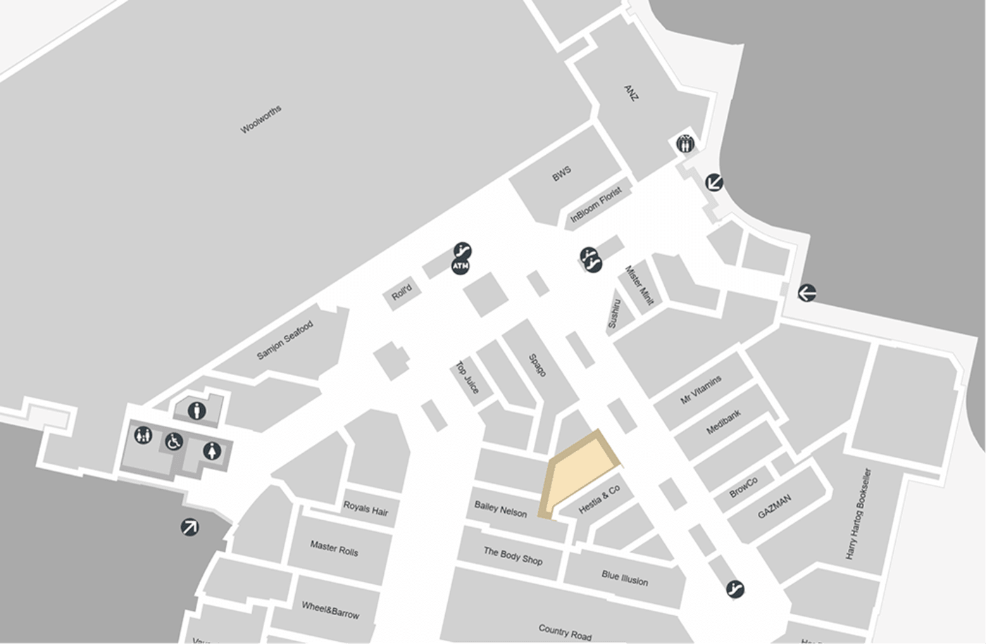 Warringah Mall centre map with the Cuts Avenue salon highlighted on the Ground Floor, between Bailey Nelson and Hestia & Co, with Woolworths and the ANZ branch further up the centre