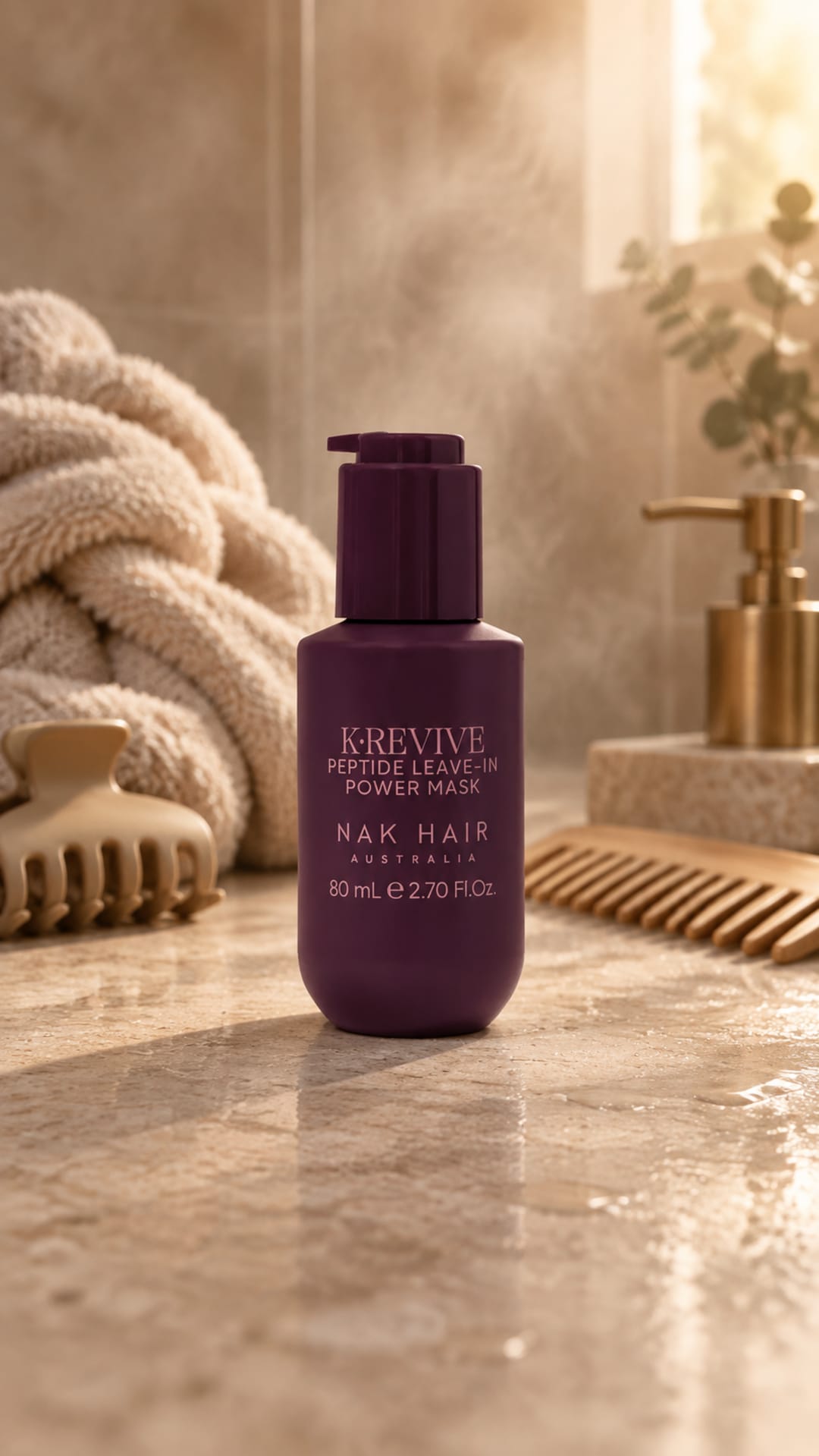 K.REVIVE Peptide Leave-In Power Mask on a bench after a shower.