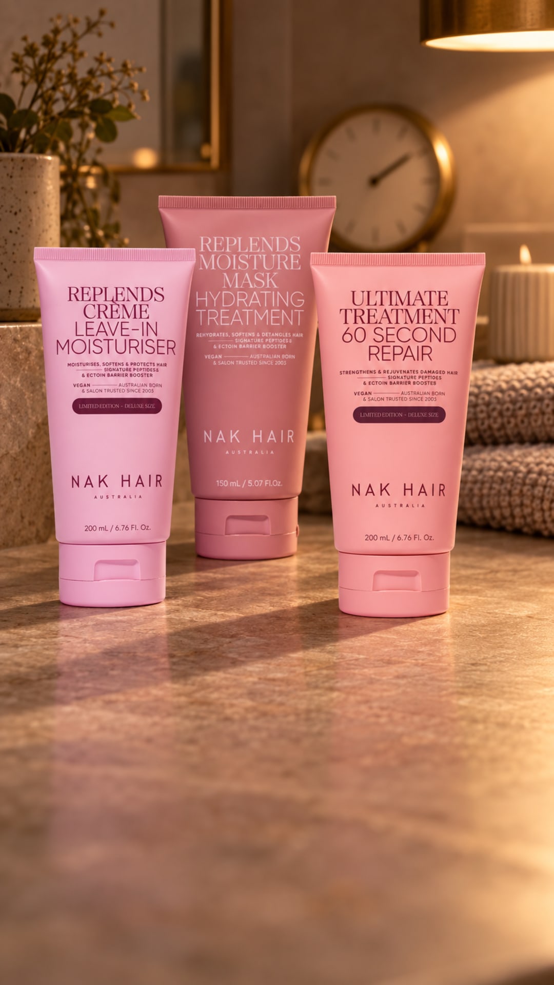 The four NAK treatments grouped on a bathroom bench in lamplight.