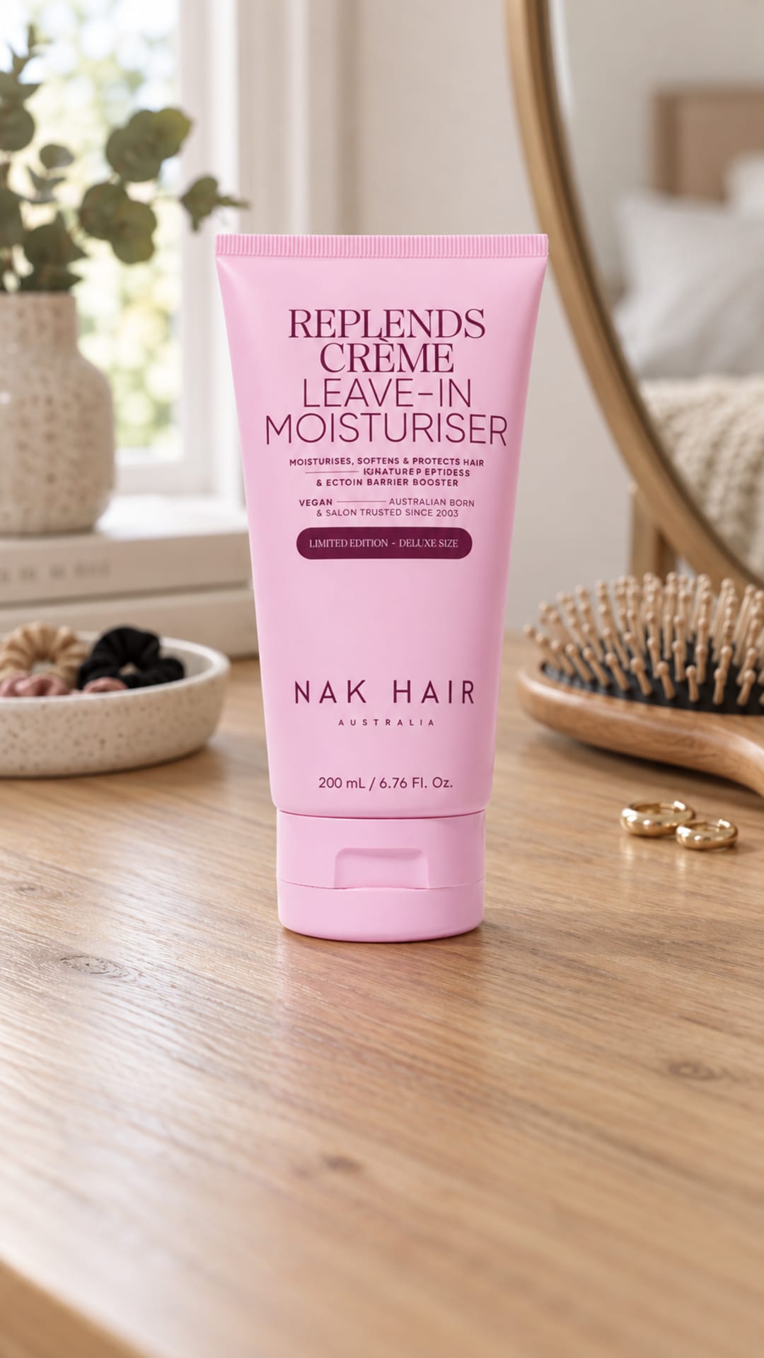 Replends Crème Leave-In Moisturiser on a bedroom dresser.