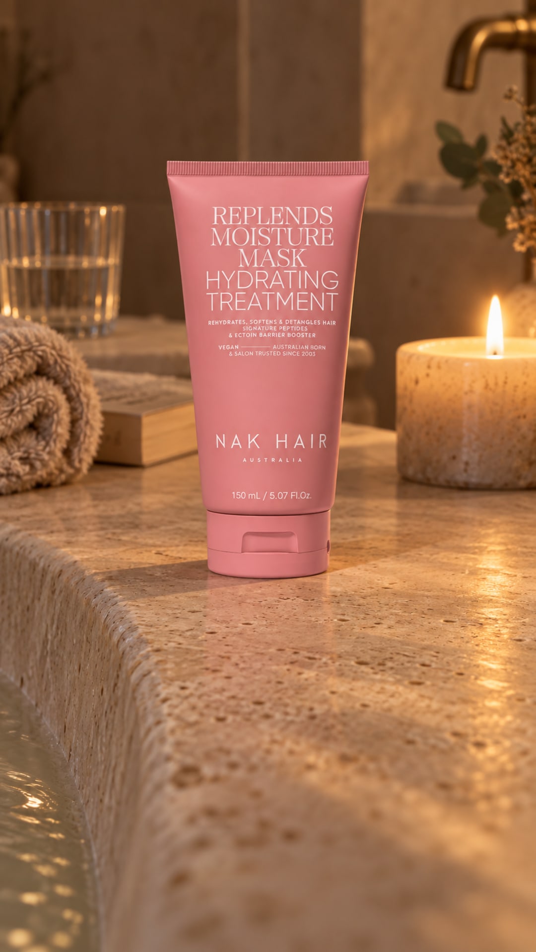 Replends Moisture Mask on the rim of a bath.
