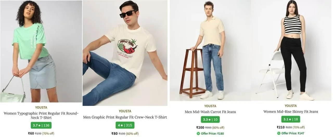 Combo Deal – AJIO Loot  Tshirts Starts @60. Men's, AJIO Loot  Tshirts Starts @60. Women, AJIO Loot  Tshirts Starts @60. Men, AJIO Loot  Tshirts Starts @60. Women