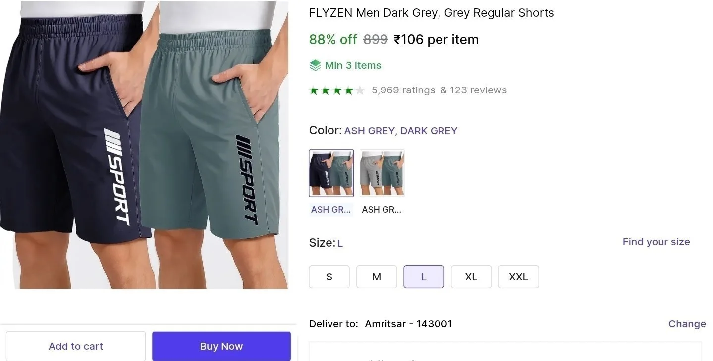 Men's Shorts at ₹106 [Min.3]