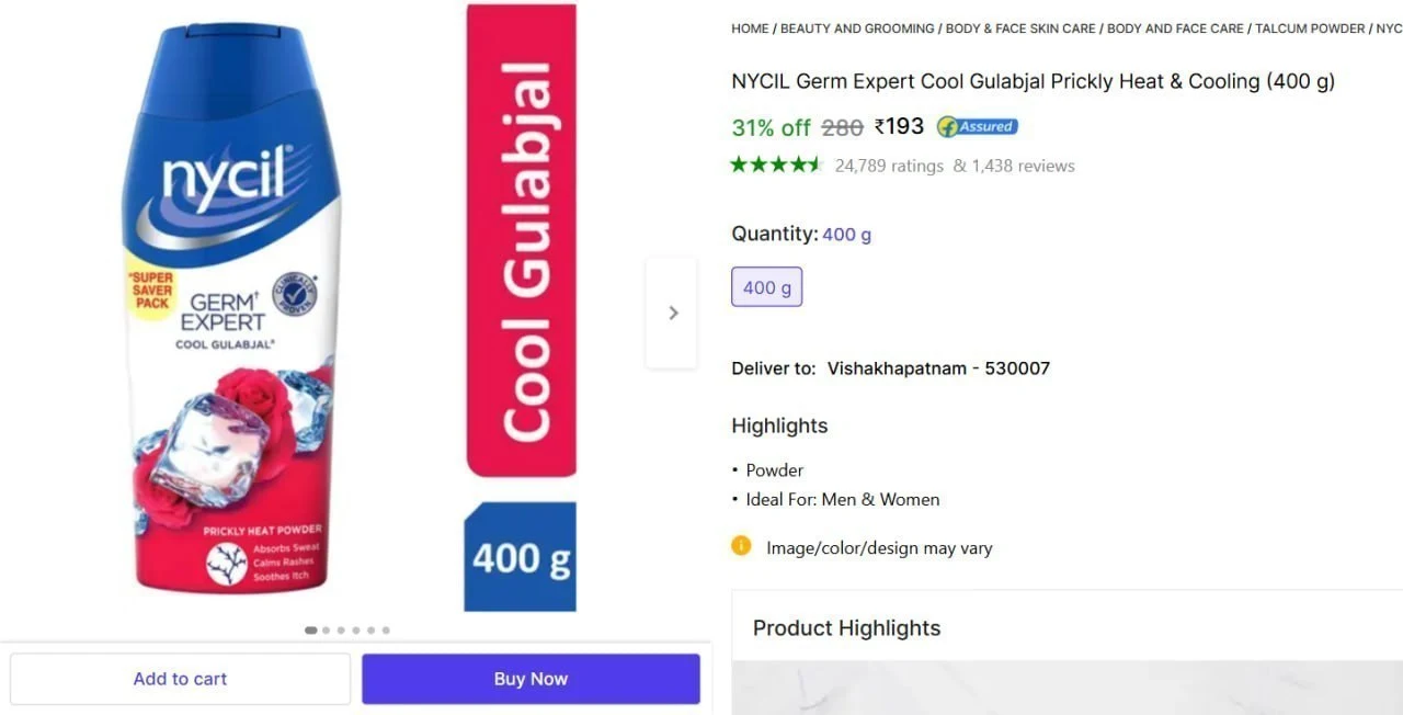 NYCIL Germ Expert Cool Powder 400g @ ₹193