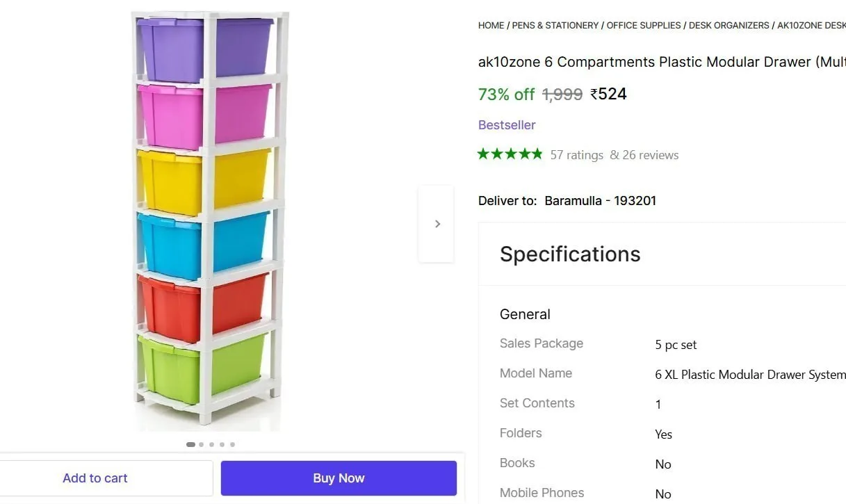 6 Compartments Plastic Modular Drawer (Multicolor) @ ₹524