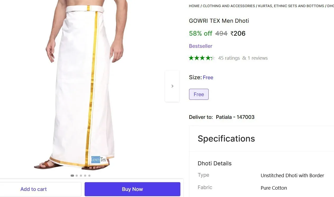 Unstitched Dhoti with Border @ ₹206