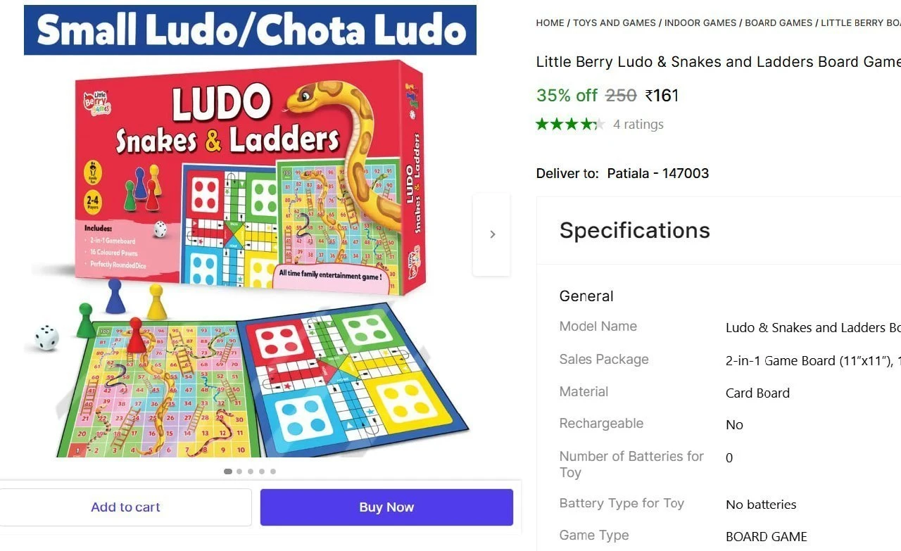 Ludo & Snakes and Ladders Board Game Set @ ₹161