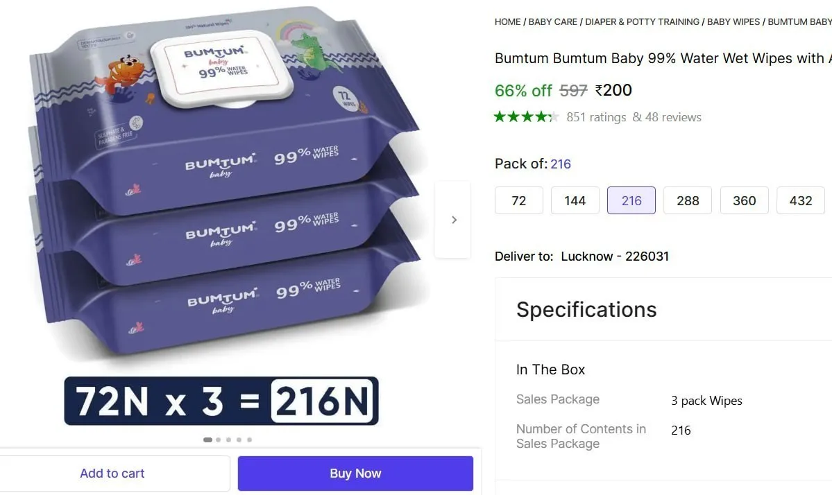 Bumtum Wet Wipes (Pack of 3) (216 Wipes) @ ₹200