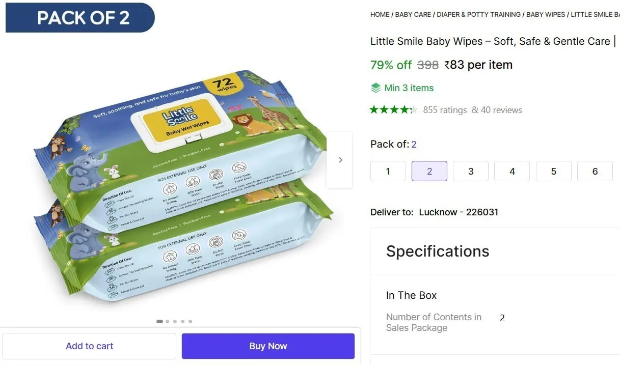 Baby Wipes Pack of 2 | 72 Wipes @ ₹83