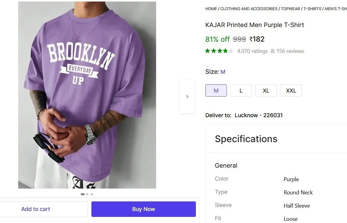 Men's Purple T-Shirt @ ₹182