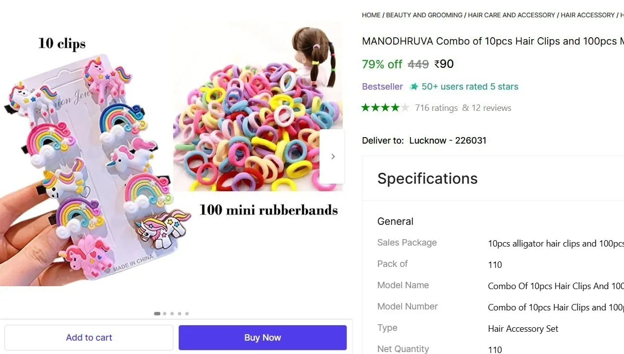 10 Pcs Hair Clips & 100 Pcs Mini Rubberbands Combo @ ₹90