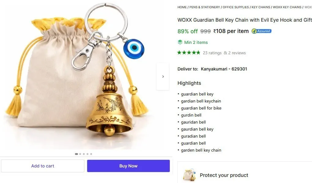 Guardian Bell Key Chain with Evil Eye Hook & Gift Pouch @ ₹108