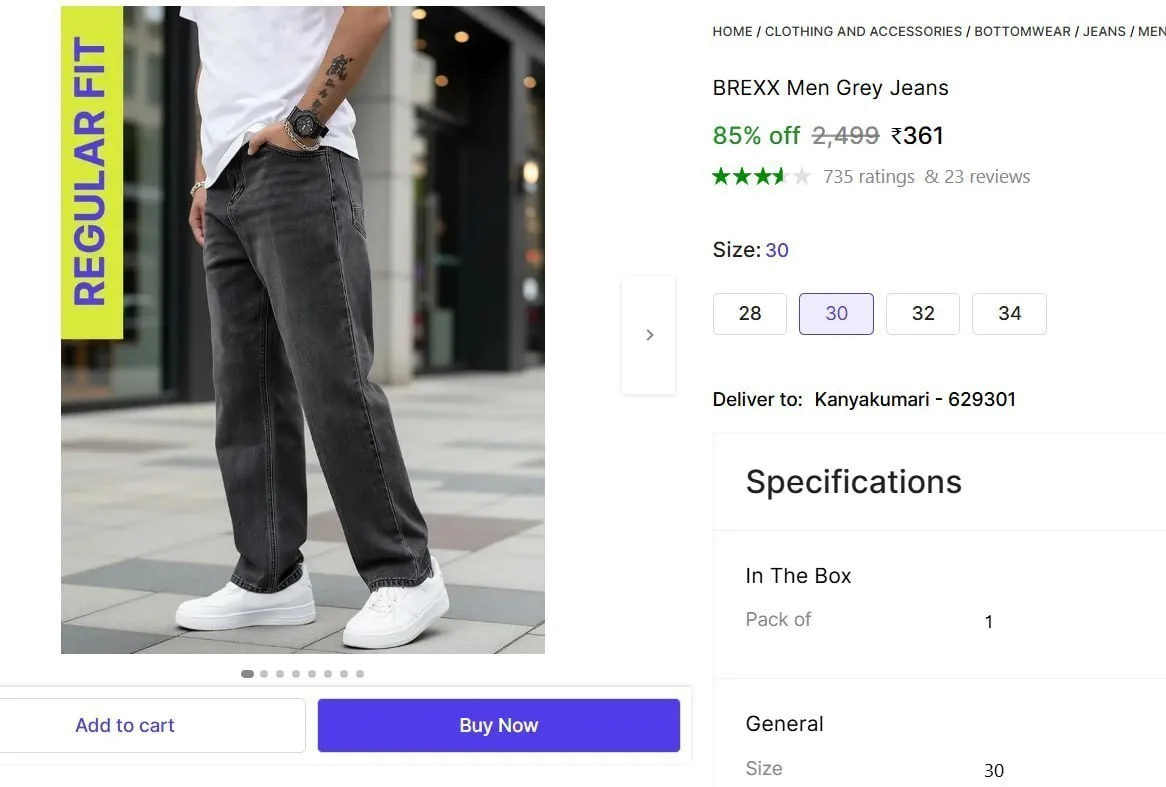 Men's Regular Fir Grey Jeans @ ₹361
