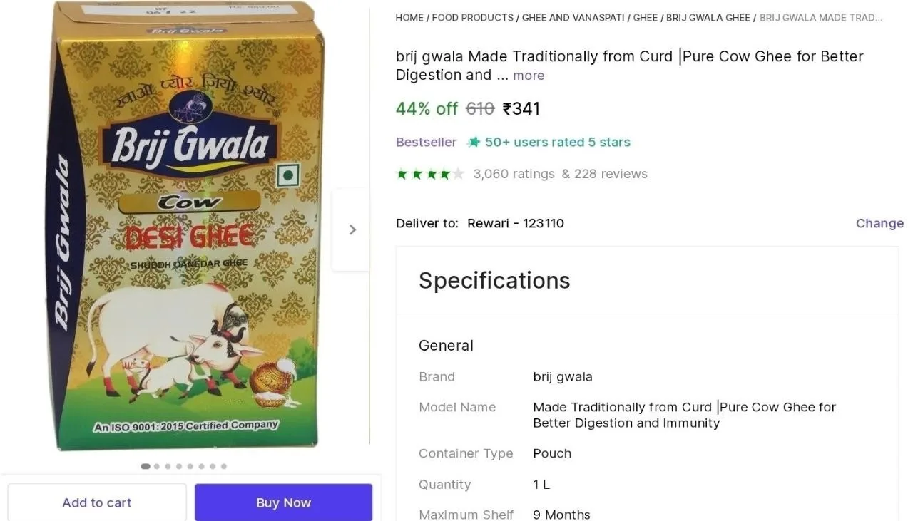 BACK : Brij Gwala Pure Ghee 1L at ₹341
