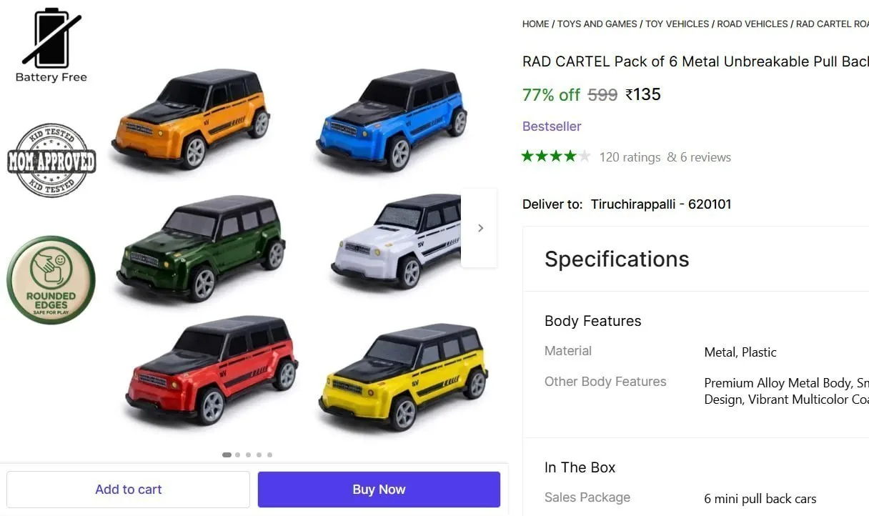 Pack of 6 Metal Unbreakable Pull Back Car @ ₹135