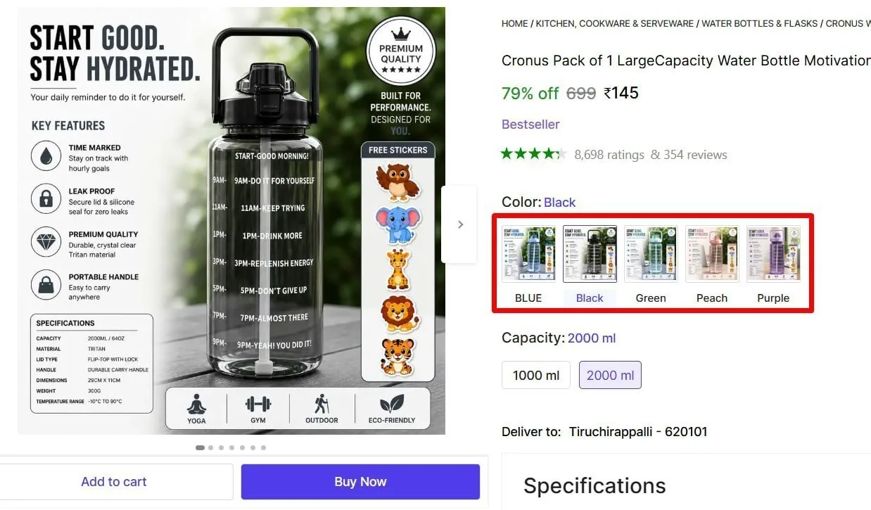 Motivational Water Bottle, 2L @ ₹145