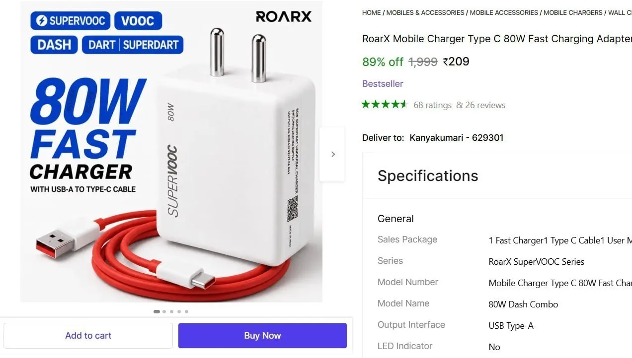 Type C 80W Fast Charging Adapter with Detachable Cable @ ₹209