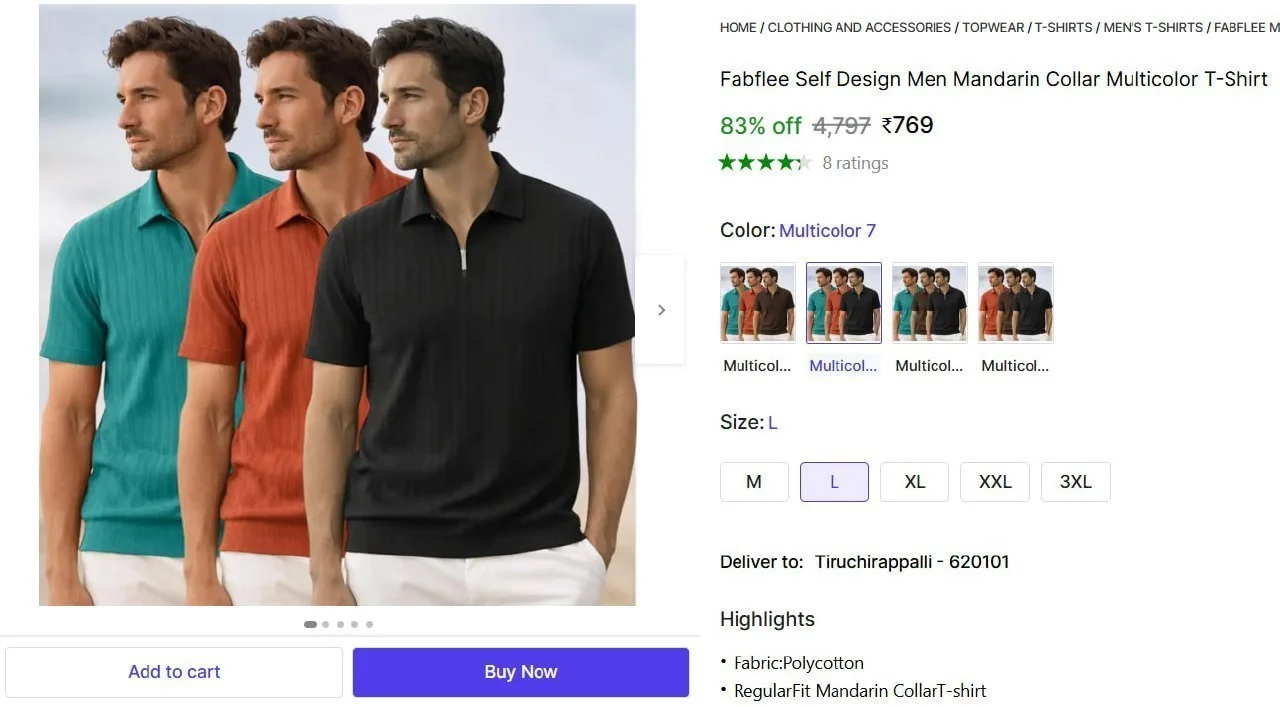 Men's Mandarin Collar Multicolor T-Shirt @ ₹769