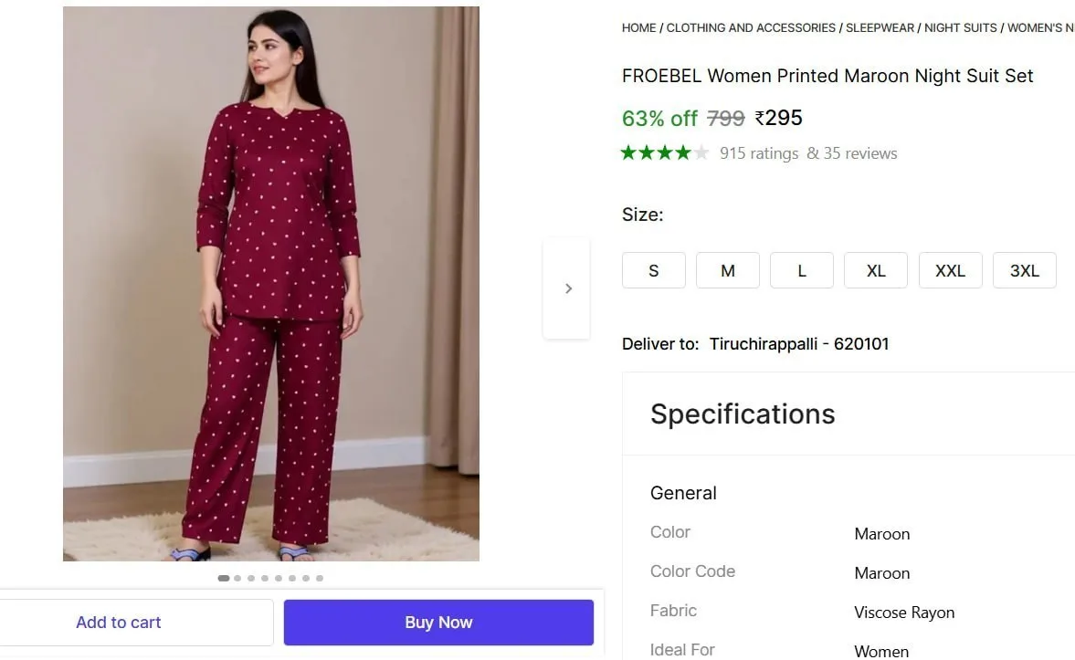 Women Printed Night Suit Set @ ₹295