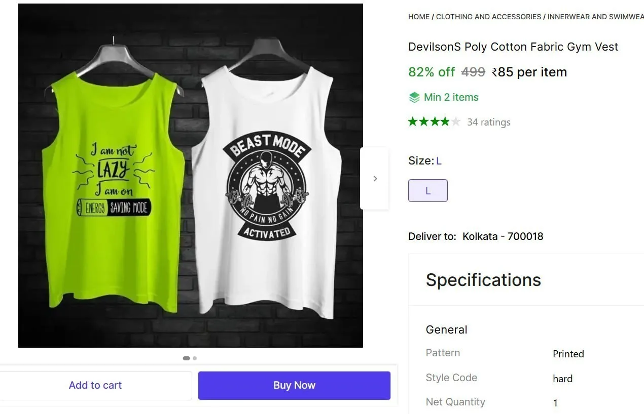 Poly Cotton Fabric Gym Vest @ ₹85