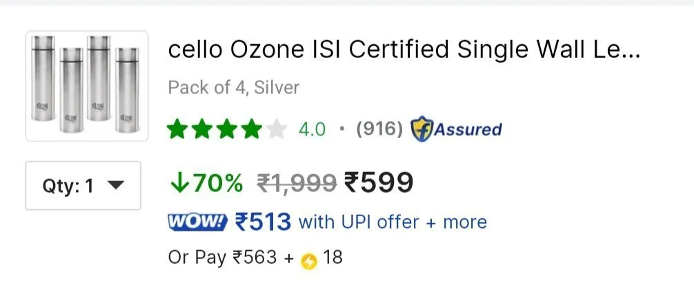 Cello Stainless Steel Bottle (Pack of 4 ) for ₹599