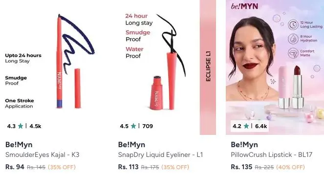 Combo Deal – **Apply Code BEMYN10OFF (Extra 10% Off)** • Kajal Starts at ₹81, **Apply Code BEMYN10OFF (Extra 10% Off)** • Lipstick Starts at ₹135, **Apply Code BEMYN10OFF (Extra 10% Off)** • Lip Gloss Starts at ₹139