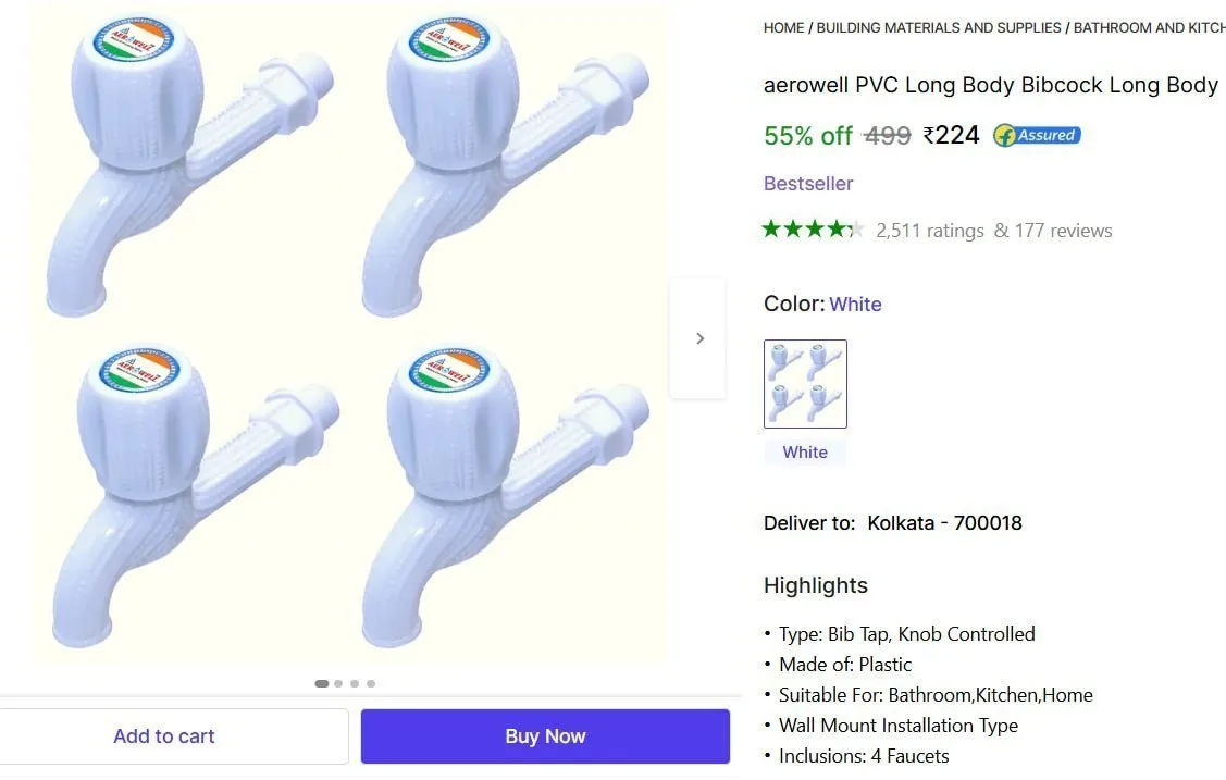 Pack of 4 Bib Tap Faucet @ ₹224