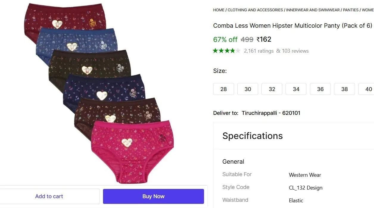 Women Hipster Multicolor Panty (Pack of 6) @ ₹162